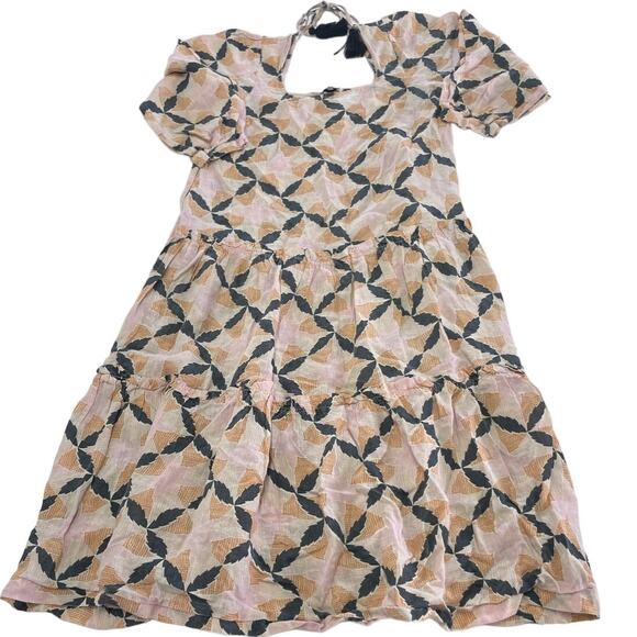 The Odells Dress Womens X Small Pink White Geo Print Lyla Motif Midi Puff Sleeve - Picture 3 of 9